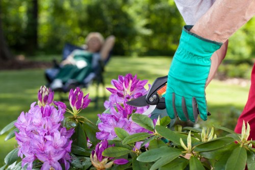 Worker wearing PPE operating garden machinery
